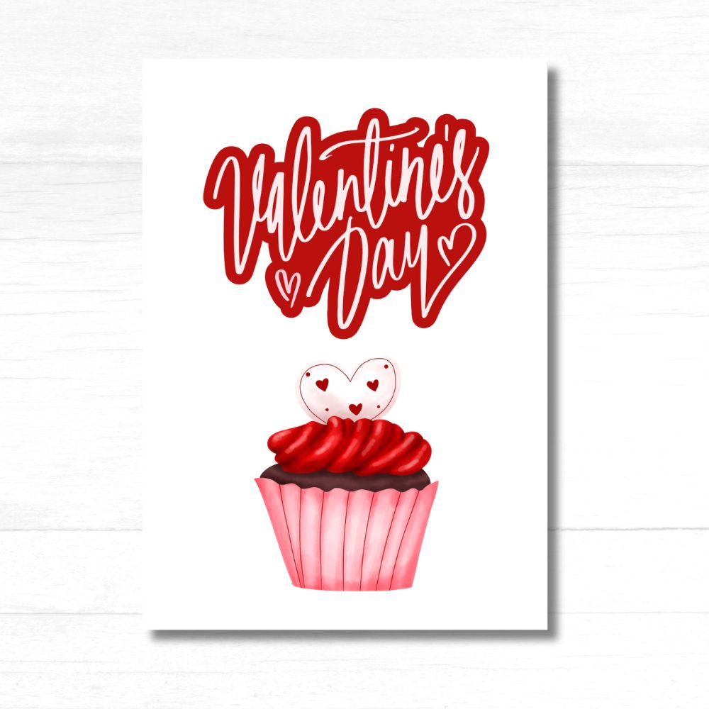 Red Velvet Cupcake Valentine’s Day Card by ANEA featuring a charming cupcake illustration with hearts and festive typography.