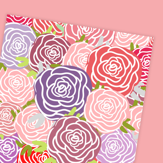 Colourful floral pattern on a pink background. Roses Bouquet Birthday Card