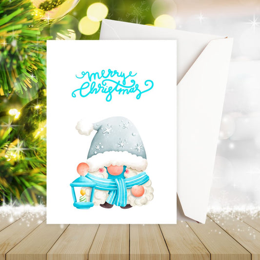 Christmas card with a gnome holding a lantern and 'Merry Christmas' text, surrounded by festive decorations.SKY GNOME CHRISTMAS CARD