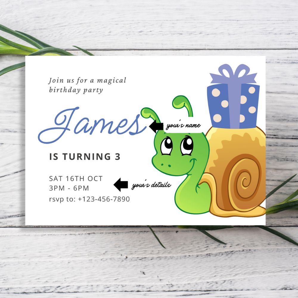 Children's birthday party invitation with a green snail and gift box design on a white background.SNAIL PERSONALISED BIRTHDAY INVITATIONS