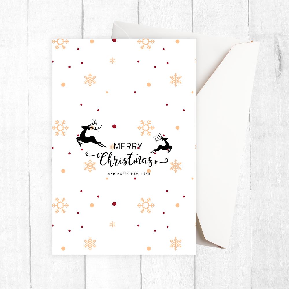 Christmas card with reindeer and snowflakes on a white background. SNOWFLAKE MERRY CHRISTMAS CARD