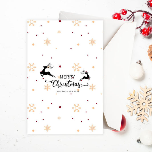 Christmas card with reindeer design and decorative elements on a white background. SNOWFLAKE MERRY CHRISTMAS CARD