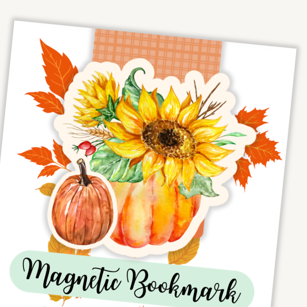 Magnetic bookmark with sunflower and pumpkin design on a white background. SUNFLOWER MAGNETIC BOOKMARK
