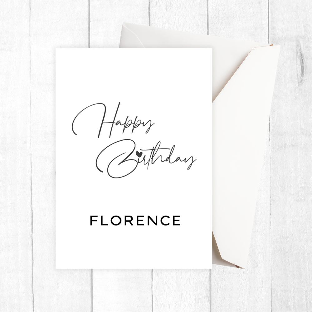 Greeting card with 'Happy Birthday Florence' text on a white background