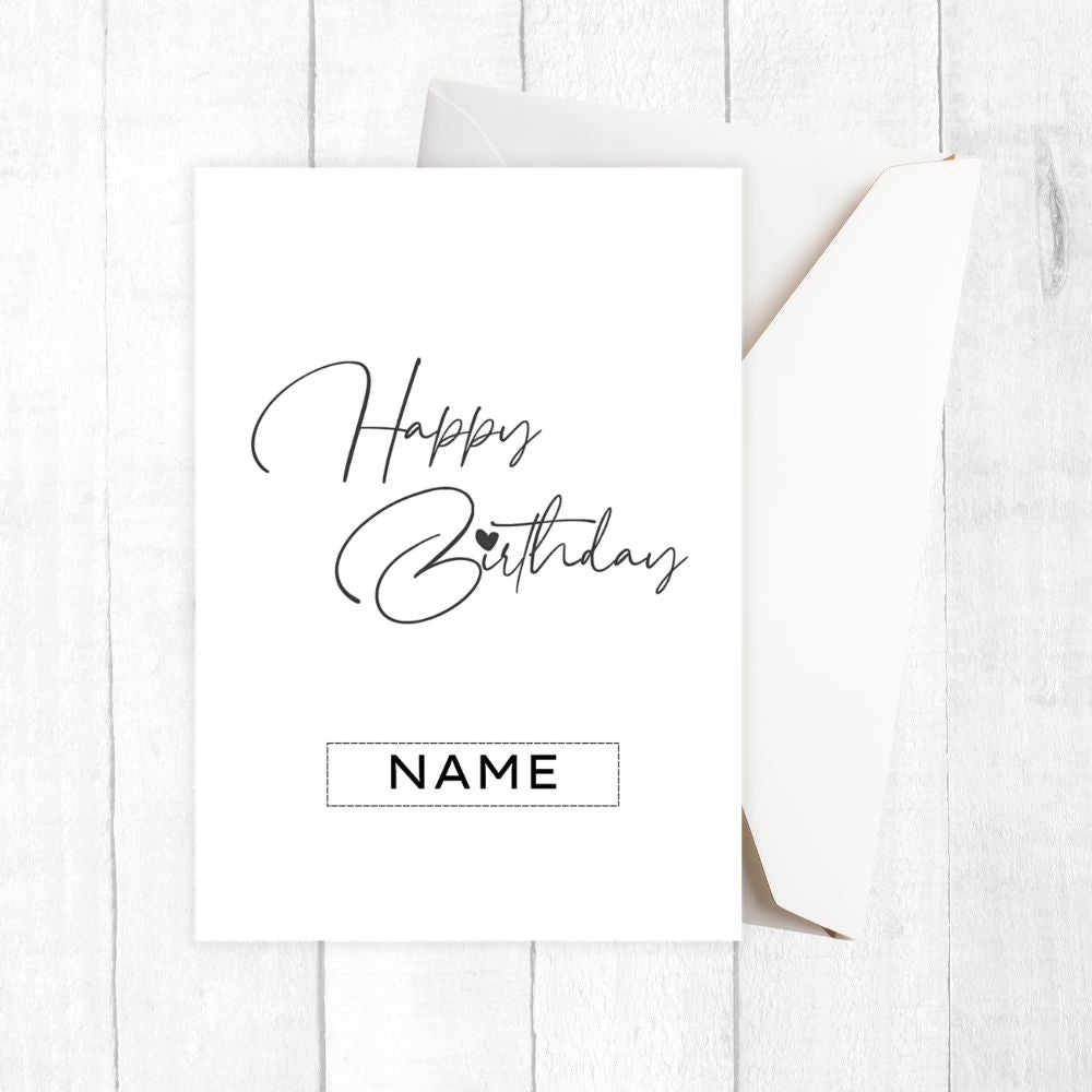 Happy Birthday card with customizable name on a white background. Simple Birthday Personalised Card