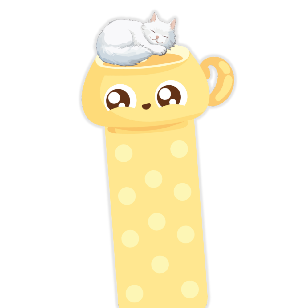 Yellow cartoon-style cup with a cat on top against a white background. Sleeping Cat Bookmark