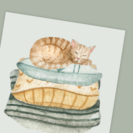 Illustration of a cat lying on a stack of books with a pillow greeting card