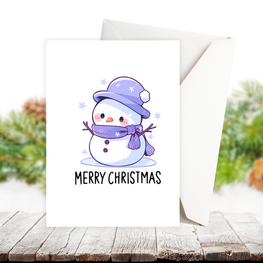 Christmas card with a snowman wearing a purple hat and scarf on a wooden surface with a blurred natural background.