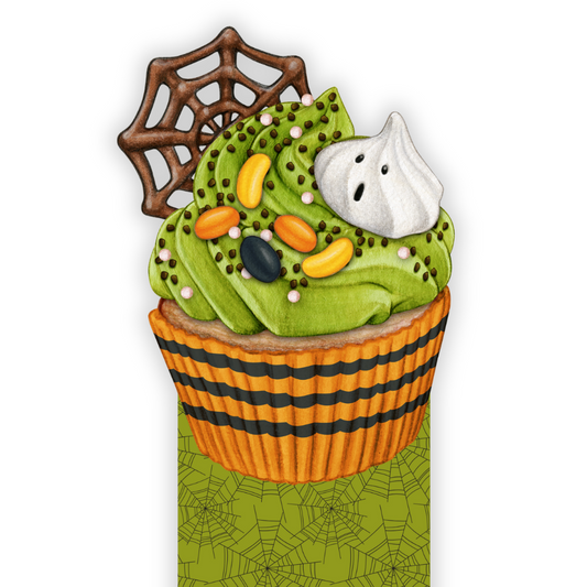 Halloween-themed cupcake with green frosting, orange candy, and a ghost decoration on a white background. Spooky Halloween Green Cupcake Bookmark