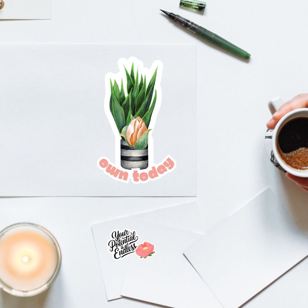 Desk with a plant sticker, motivational card, candle, and coffee cup on a white surface.Succulent Plants Sticker