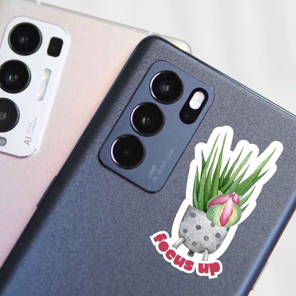 Phone case with a cactus sticker labeled 'focus up' on a white background. Succulent Plants Sticker
