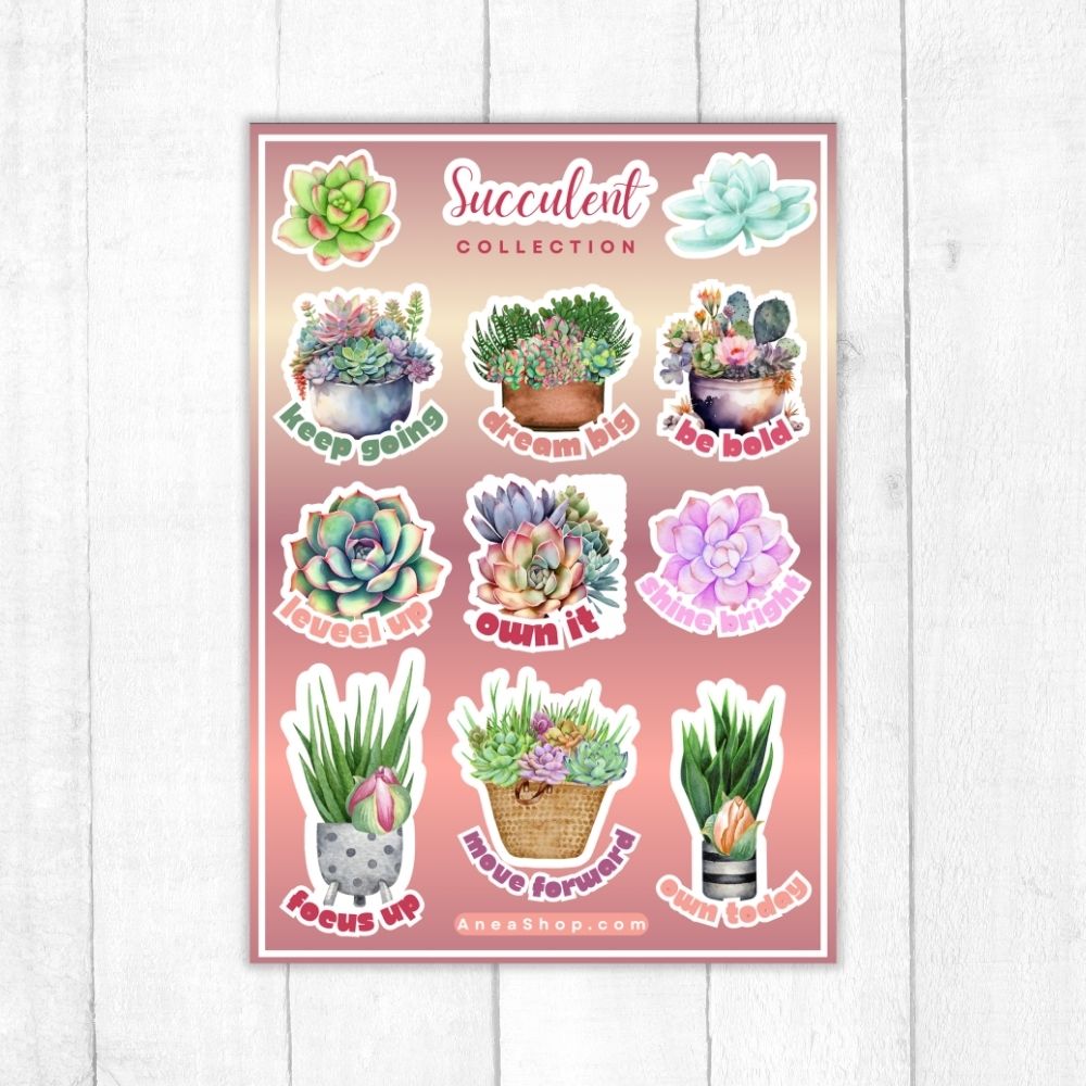 Sticker sheet with succulent illustrations and motivational phrases on a pink background. Succulent Plants Sticker