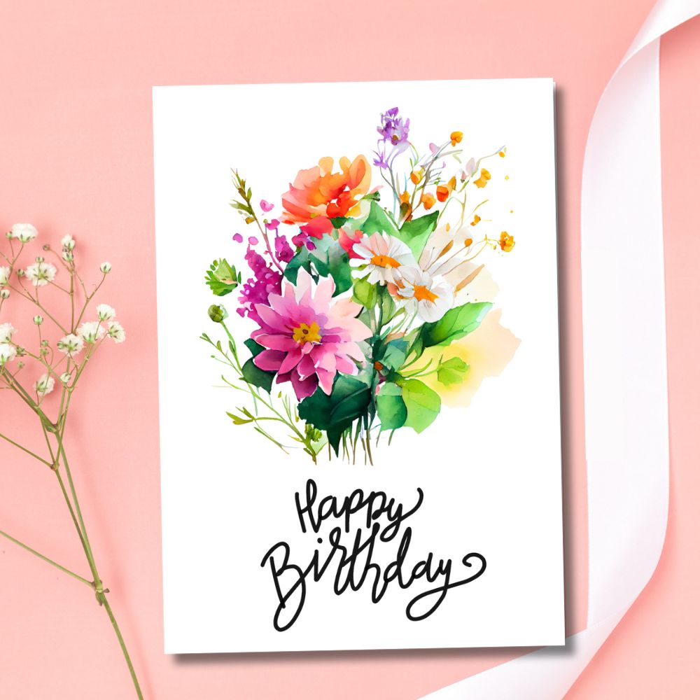 Birthday card with colorful floral design and 'Happy Birthday' text on a pink background. Summer Bouquet Birthday Card
