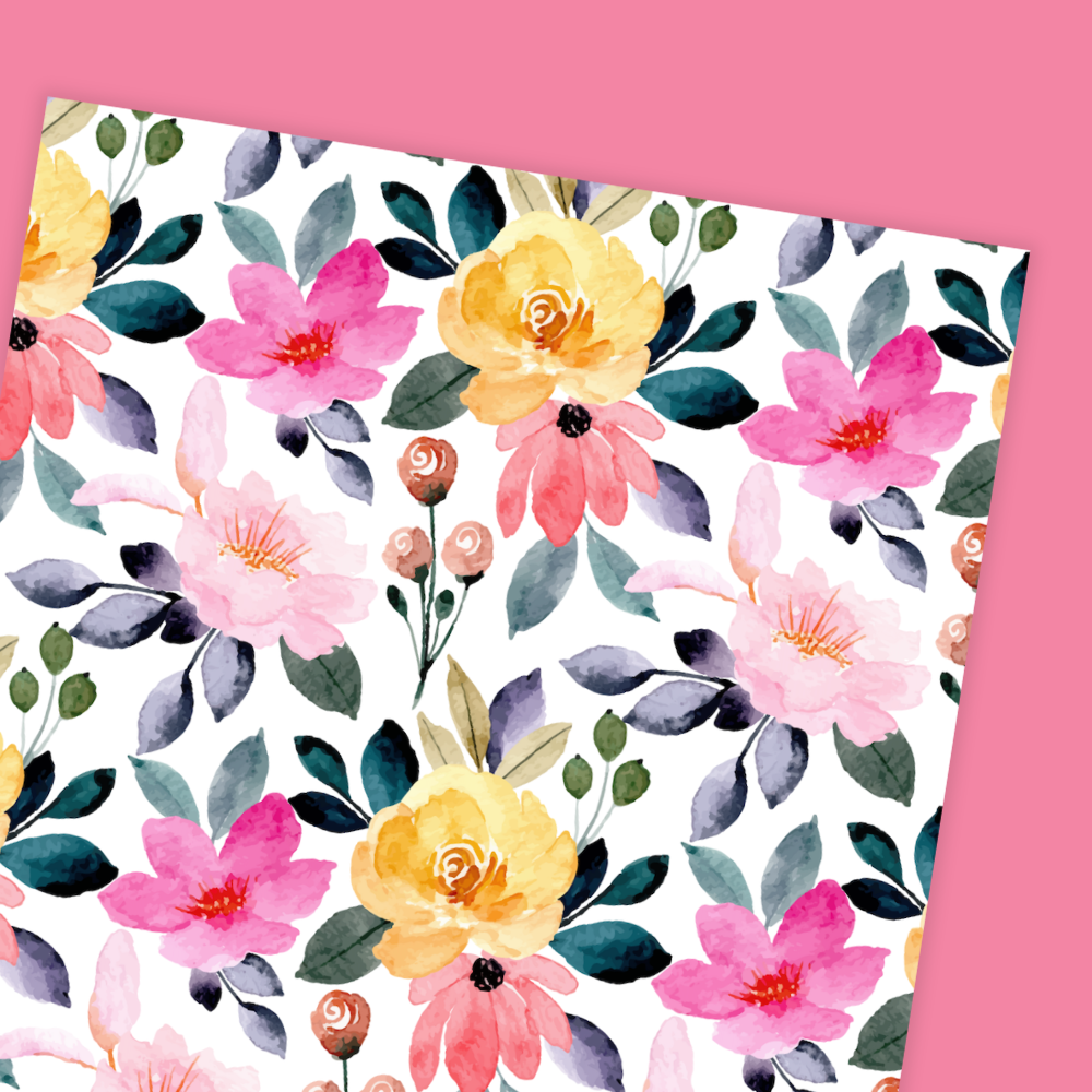 Floral pattern with pink, yellow, and green flowers on a white background. Summer Flowers Birthday card