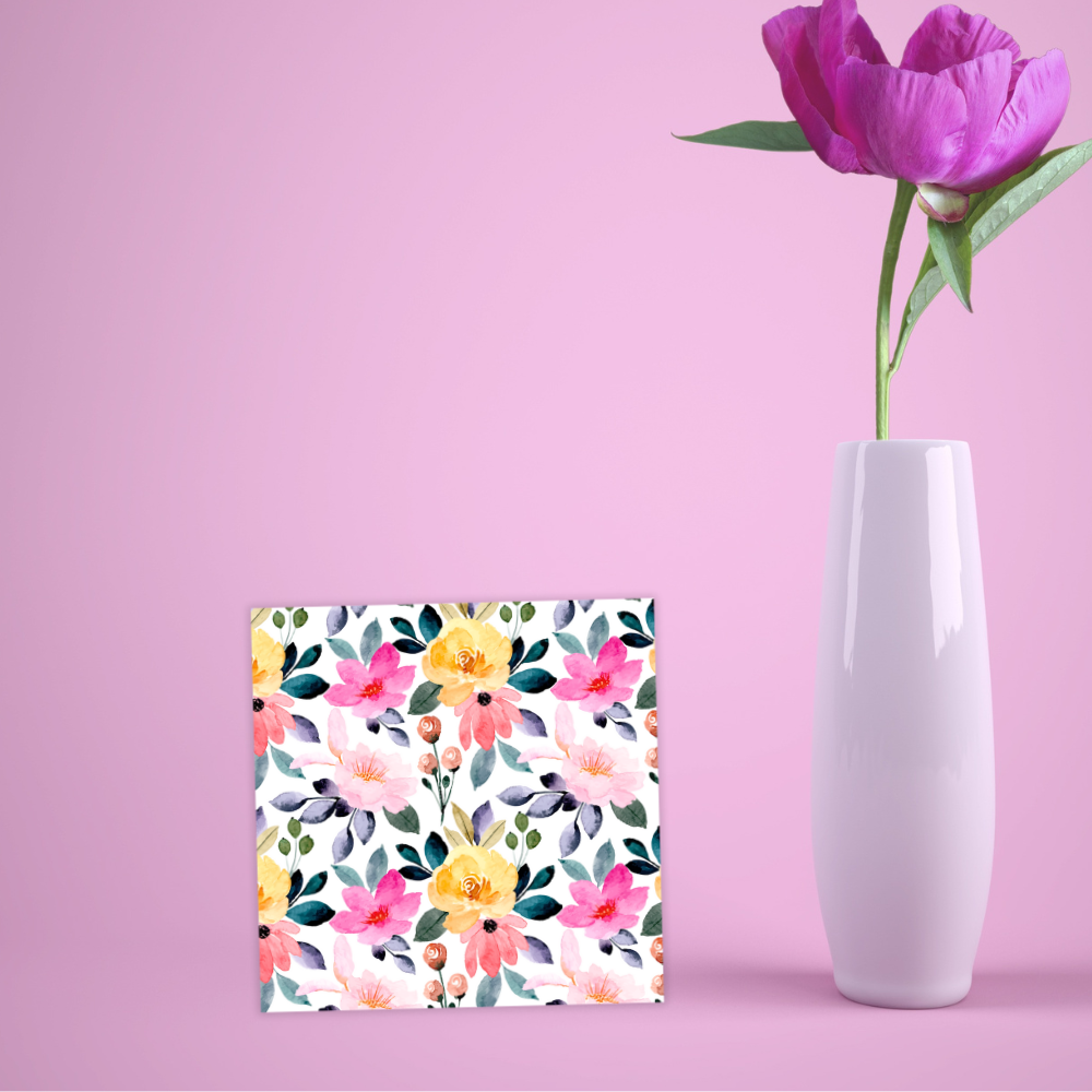 Floral notebook with a purple tulip in a white vase on a pink background. Summer Flowers happy Birthday card