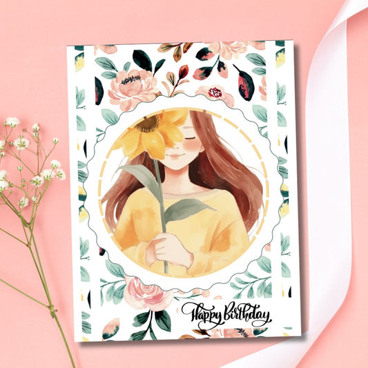 Birthday card with a girl holding flowers and floral decorations on a pink background. Sunflower Girl Happy Birthday Card