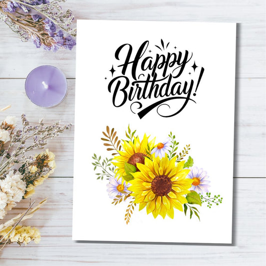 Happy Birthday card with sunflowers and flowers on a wooden surface. Sunflowers Happy Birthday Card