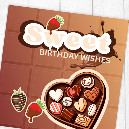 Chocolate box with heart-shaped assortment of candies and 'Sweet Birthday Wishes' text on a wooden surface. happy birthday
