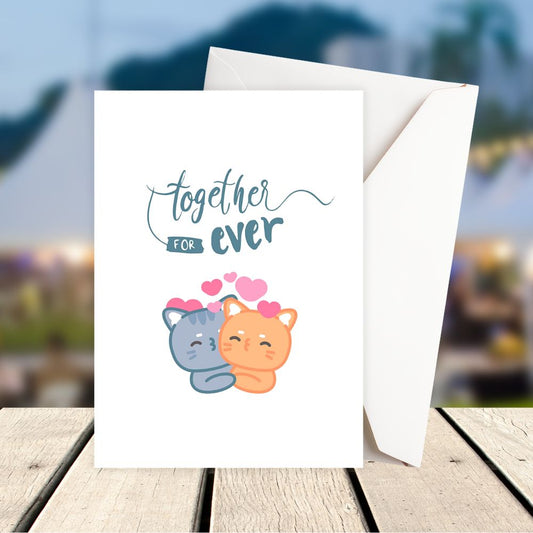 Greeting card with two cats and 'Together for Ever' text on a blurred outdoor background. TOGETHER FOREVER ANNIVERSARY CARD