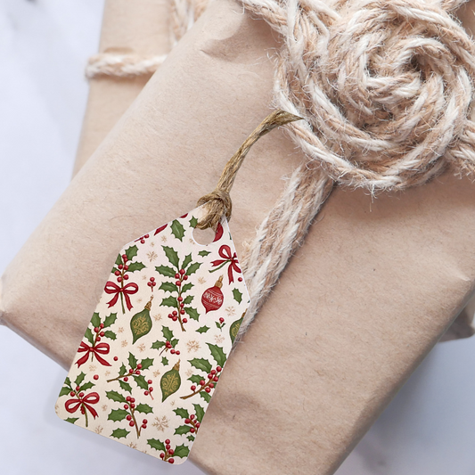 Gift tag with holly design on a wrapped package with twine. Vintage Christmas Gift Tag Set