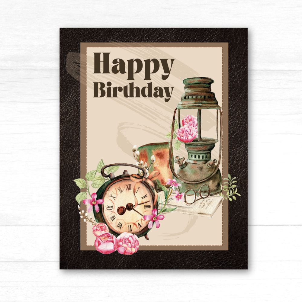 Vintage-style birthday card with clock, lantern, and flowers on a white background. Watch Vintage Happy Birthday Card