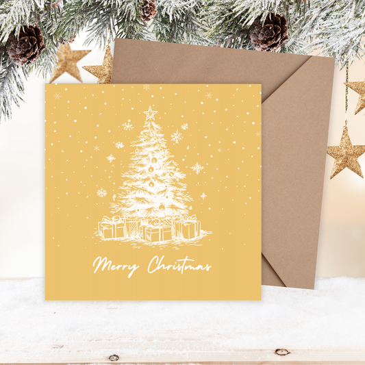 Christmas card with a tree and presents design, brown envelope, and decorative stars on a white background. White Tree Golden Christmas Card