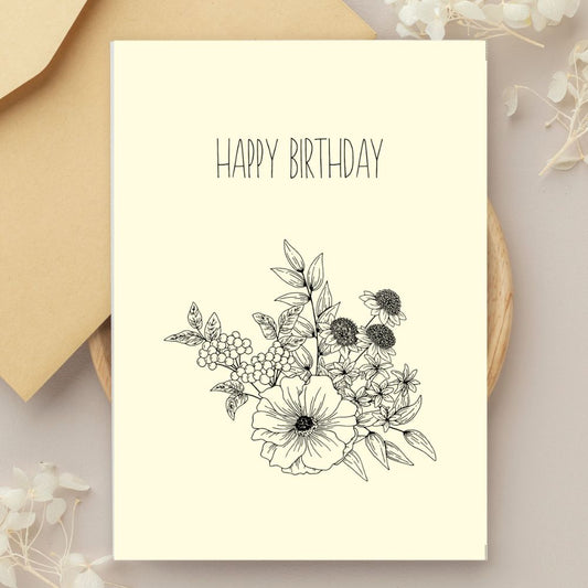 Birthday card with floral design and 'Happy Birthday' text on a light background. Yellow Flowers Happy Birthday Card