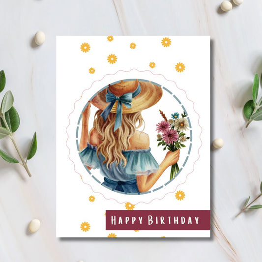 Birthday card with illustration of a woman holding flowers on a white background. Yellow Flowers Happy Birthday Card