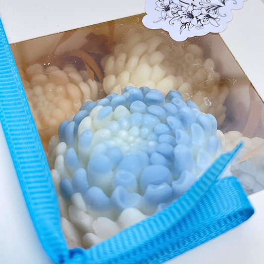 Decorative soap with a blue and white design in a clear container with a blue ribbon. chrysanthemum-shaped wax melts
