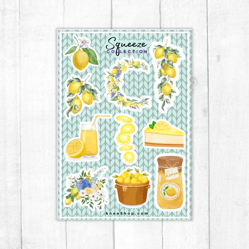 Sticker sheet with lemon-themed designs on a light blue background. lemons sticker