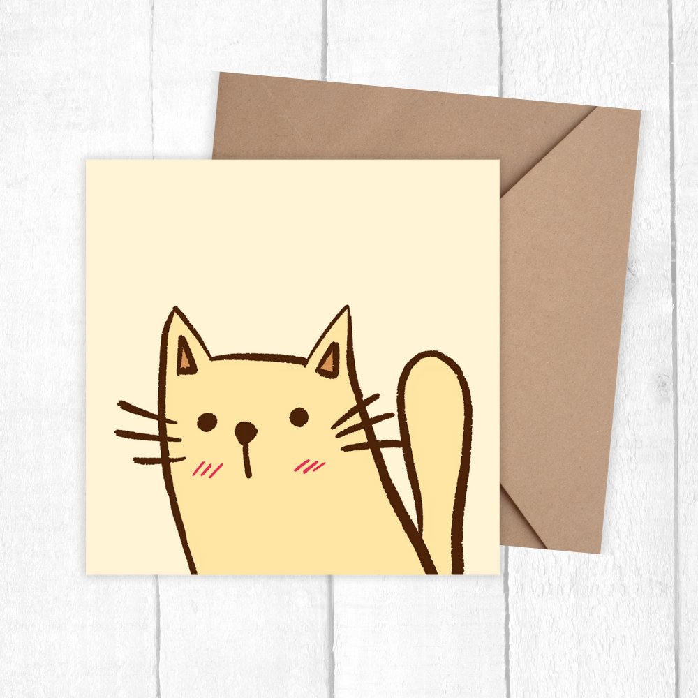 Card with a cat illustration and brown envelope on a white background gretting card