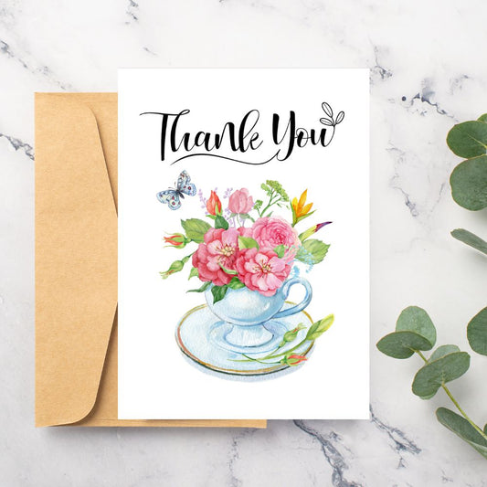 Pink Flowers & Butterflies Thank You Card
