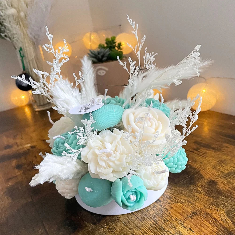 TURQUOISE FLOWER CANDLES CENTREPIECE