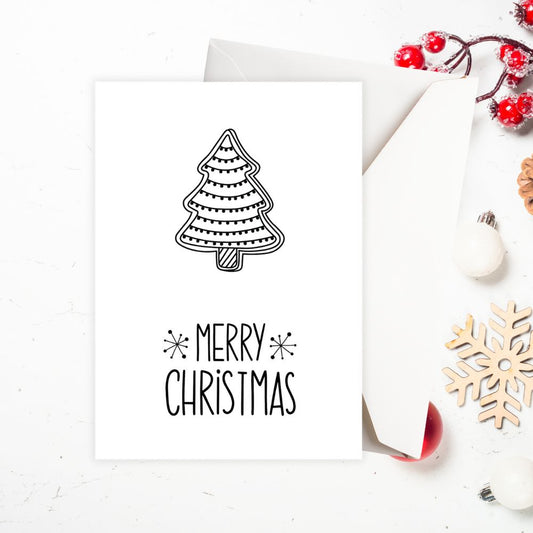 Christmas card with a tree and 'Merry Christmas' text on a white background. MINIMALIST TREE CHRISTMAS CARD