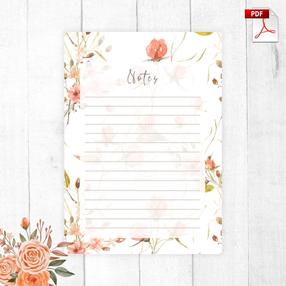 Peach Roses Notepad PDF – Elegant notepad design by ANEA featuring soft peach rose illustrations and lined space for notes or lists.