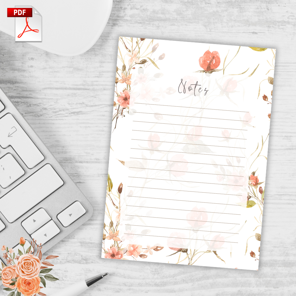 Peach Roses Notepad PDF – Elegant notepad design by ANEA featuring soft peach rose illustrations and lined space for notes or lists.