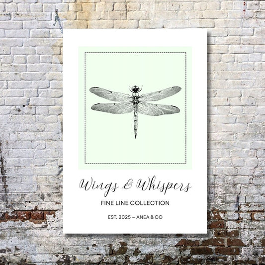Wings & Whispers Fine Line Collection dragonfly poster featuring delicate line art by ANEA