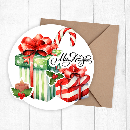 Christmas-themed card with presents and candy canes on a white background