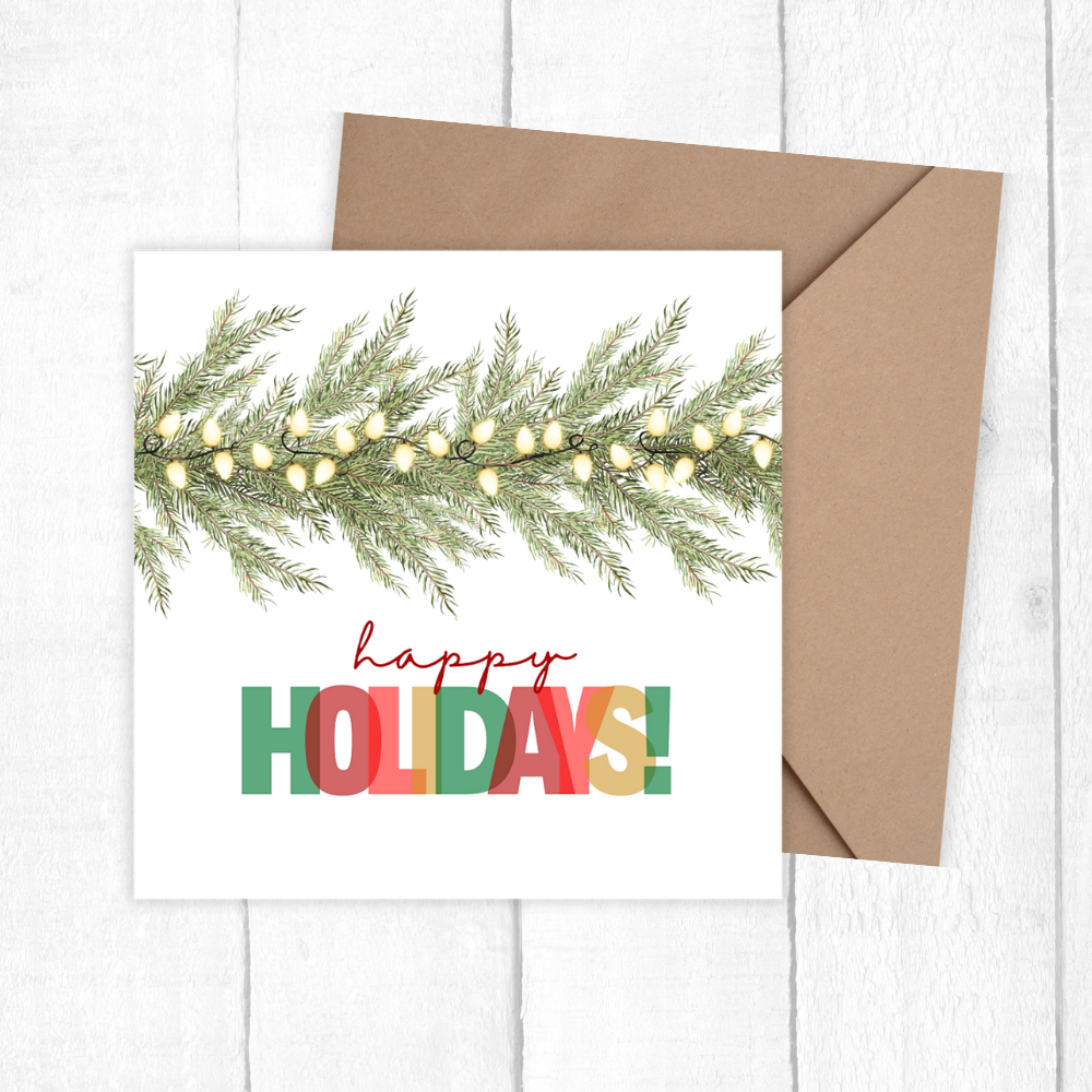 Christmas card with greenery and 'Happy Holidays!' text on a white background. 3D Happy Holidays Christmas Card