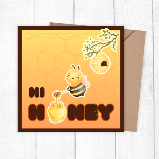 Greeting card with a bee and honey design on an orange background. 3D Hi Honey Valentine Card, cute Anniversary card.