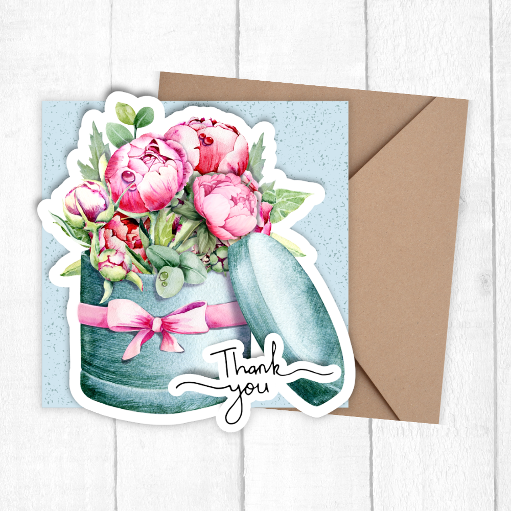 Greeting card with floral design and 'Thank you' text on a white background. 3D Peony Thank You Card