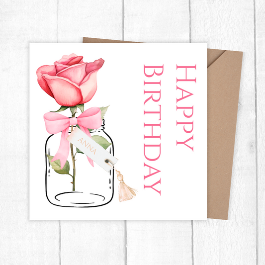 Birthday card with a pink rose in a jar and 'Happy Birthday' text on a white background. 3D ROSE IN THE JAR BIRTHDAY CARD