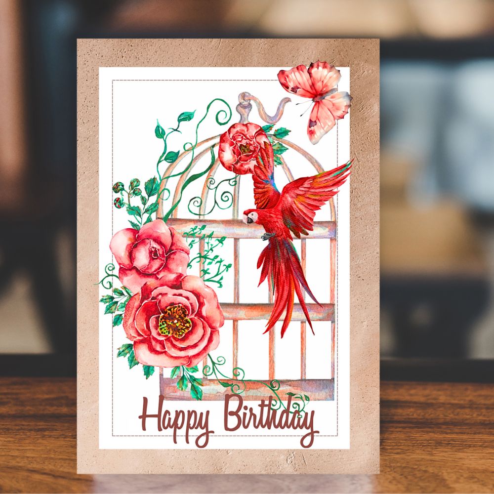 Birdcage and butterfly birthday card from ANEA, available wholesale.