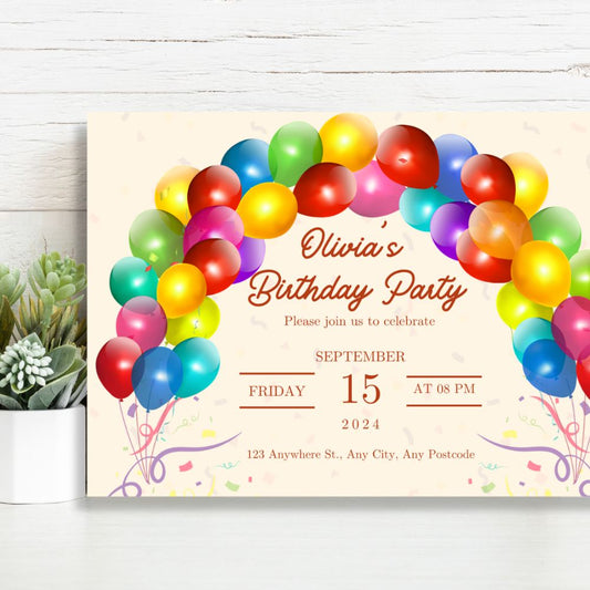 BALLOONS BIRTHDAY PERSONALISED INVITATIONS