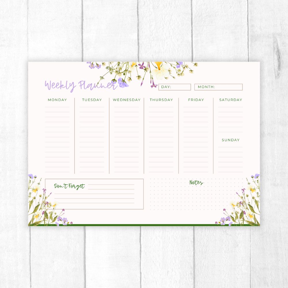 Wild Flower Field Weekly Planner PDF – Soft floral design by ANEA, features a 7-day layout with hand-drawn wildflower illustrations.