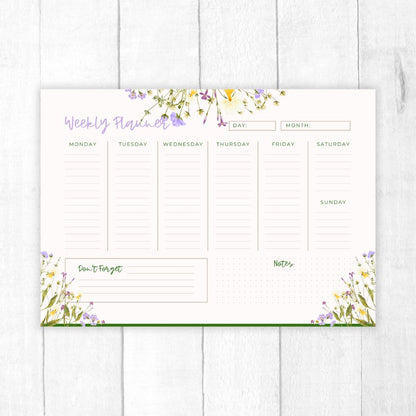 Wild Flower Field Weekly Planner PDF – Soft floral design by ANEA, features a 7-day layout with hand-drawn wildflower illustrations.