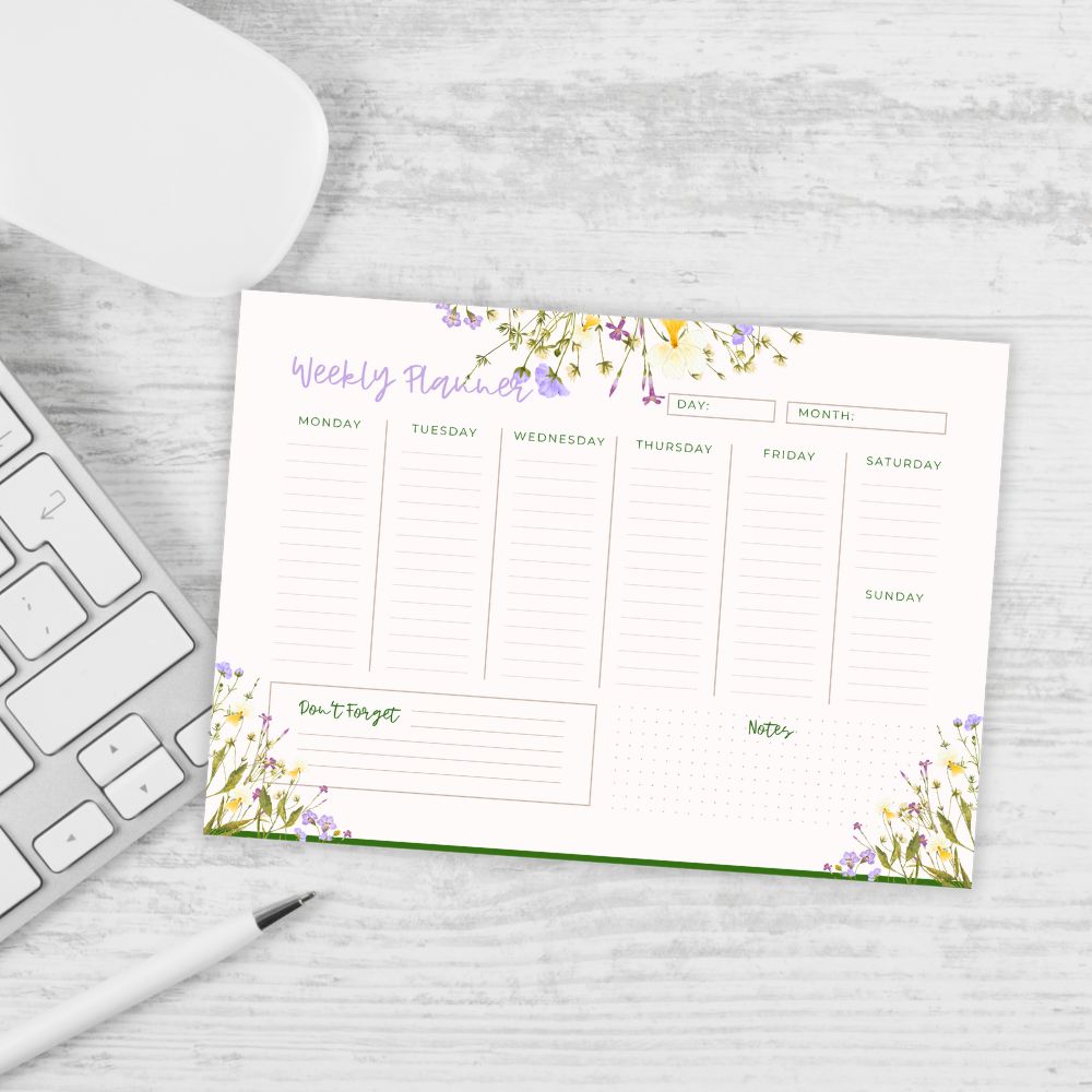 Wild Flower Field Weekly Planner PDF – Soft floral design by ANEA, features a 7-day layout with hand-drawn wildflower illustrations.