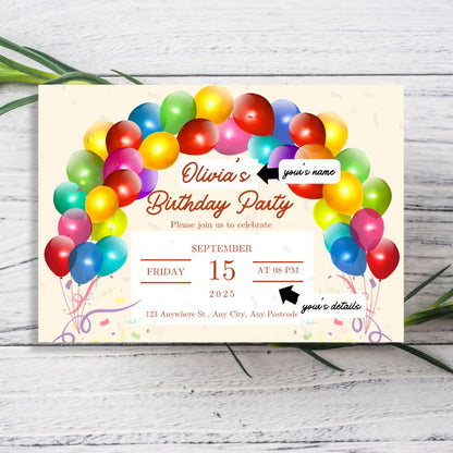 BALLOONS BIRTHDAY PERSONALISED INVITATIONS