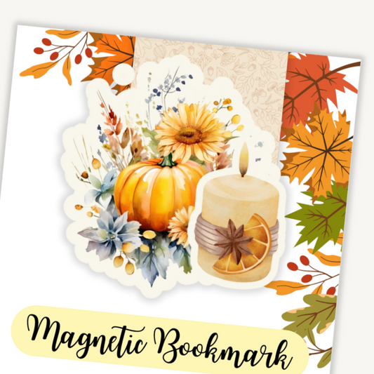 Autumn-themed magnetic bookmark with pumpkins, candles, and leaves on a white background.AUTUMN PUMPKIN AND CANDLE MAGNETIC BOOKMARK