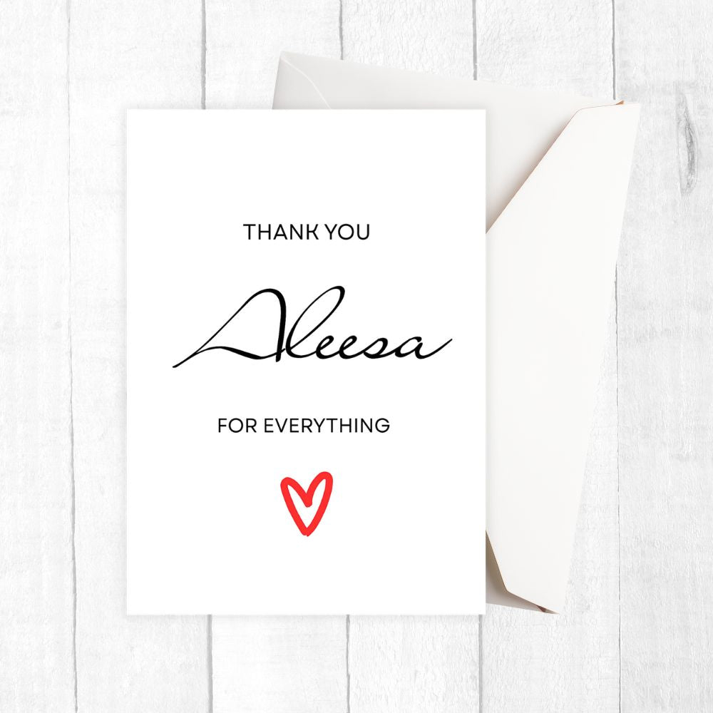 Greeting card with 'Thank you Aleesa for everything' text and a red heart on a white background. Aleesa Thank You Personalised Card